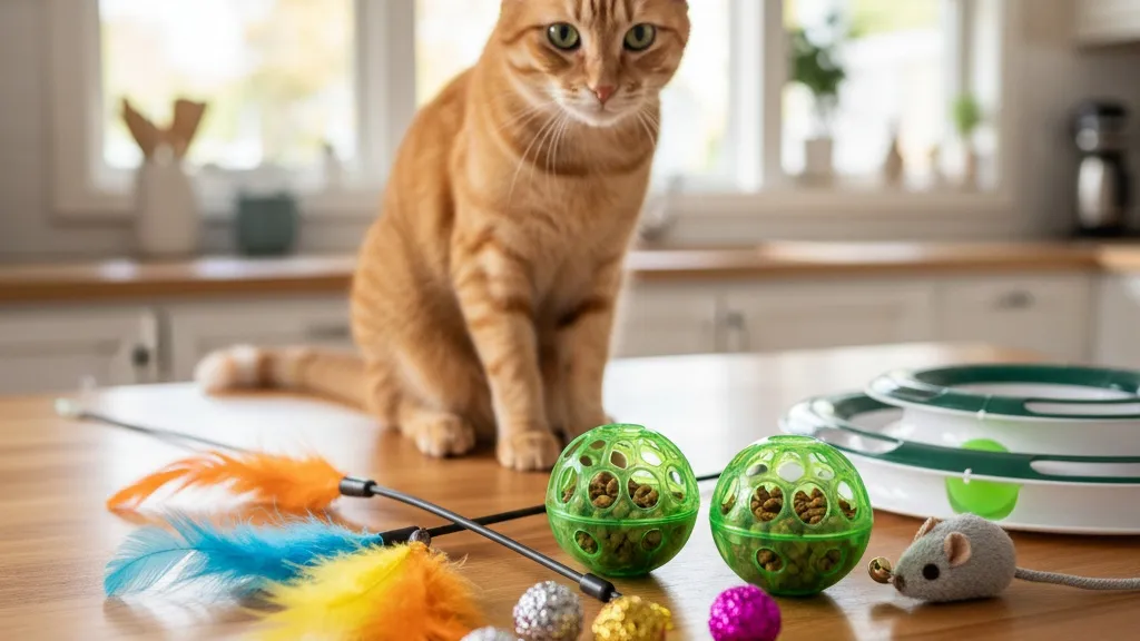 Various cat toys for indoor cats including wands, puzzles, and interactive toys