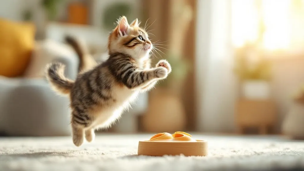 An active cat jumping to catch an interactive toy, demonstrating the exercise benefits of interactive play