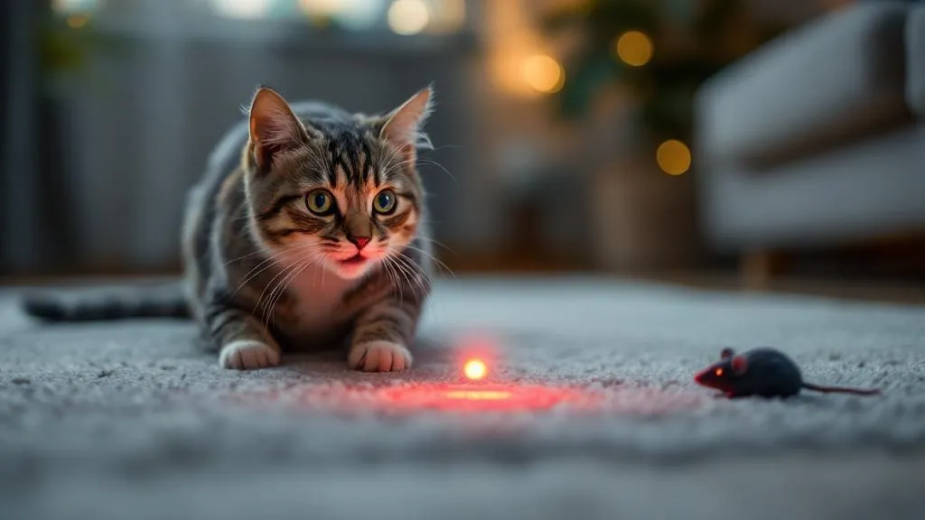 A happy cat chasing a red laser dot on the floor, with a physical toy nearby for successful "catches"