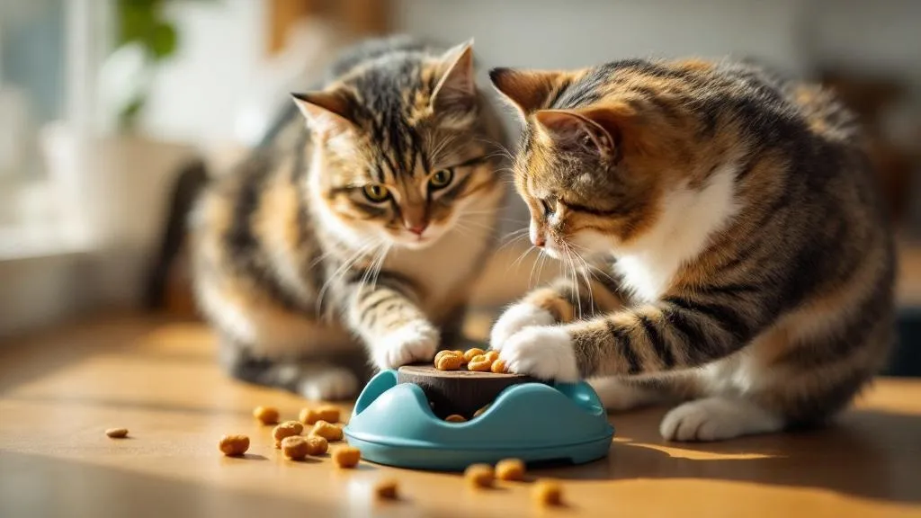 A cat playing with the Cat Amazing puzzle feeder maze, bat at and roll the toy to release treats