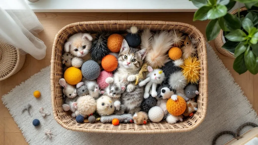 A collection of different cat toys stored in a basket, showing a rotation system to keep playtime exciting