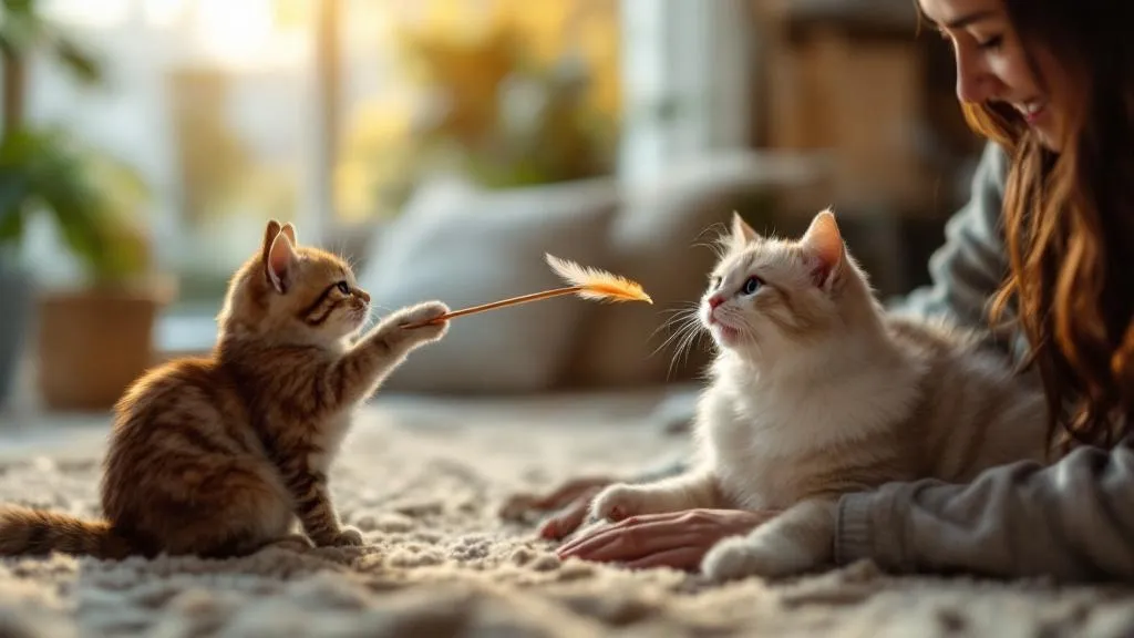 A person playing with their cat using a wand toy with a feather lure, showing the bonding benefits of interactive play